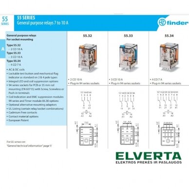 Elektromagnetinė relė 12V DC, 4CO, 7A, FINDER 55.34.9.012.0040 1