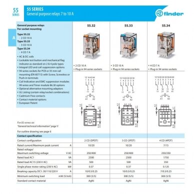 Elektromagnetinė relė 230V AC, 4CO, 7A, FINDER 55.34.8.230.0040 1