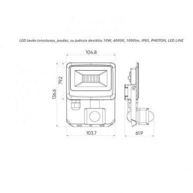 LED lauko šviestuvas su judesio davikliu 10W, 4000K, 1000lm, IP65, juodas, PHOTON, LED LINE 1