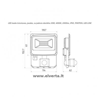 LED lauko šviestuvas su judesio davikliu 20W, 4000K, 2000lm, IP65, juodas, PHOTON, LED LINE 2