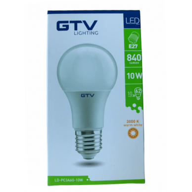 LED lemputė (šiltos-baltos šviesos), E27, 10W, 3000K, 840 liumenų, GTV 1